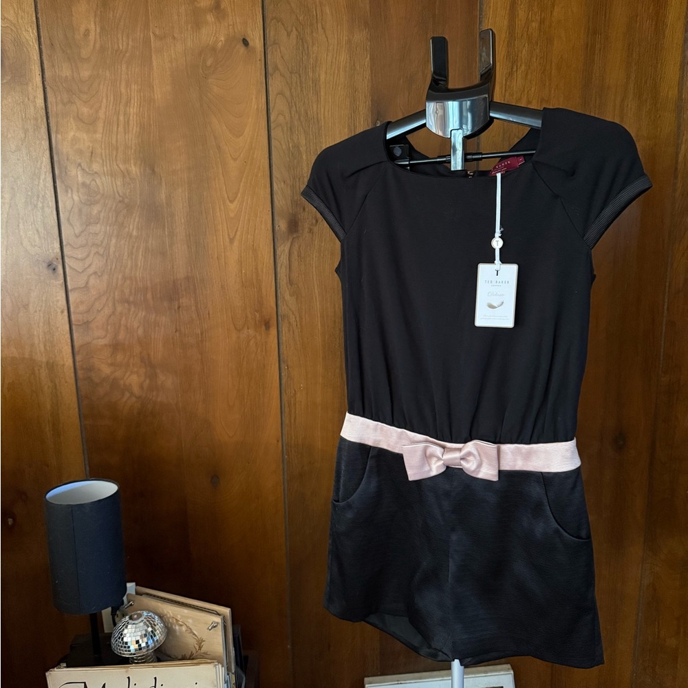 Ted Baker Black Short Sleeve Romper with Light Pink Waist Bow